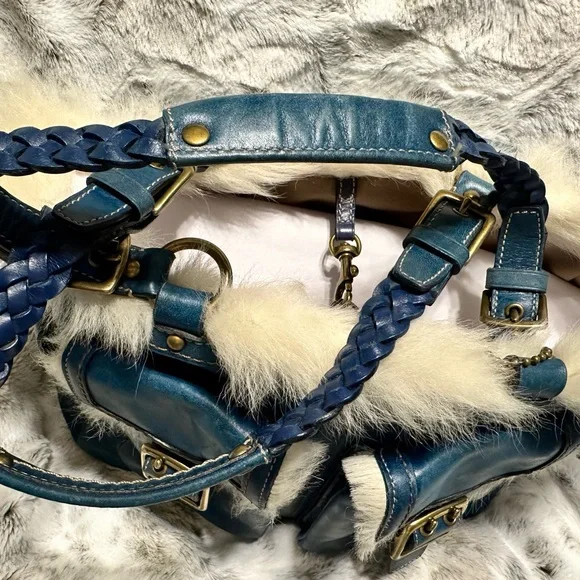 Coach Teal Leather Shoulder Bag with Cream Fur Trim - Picture 8 of 11